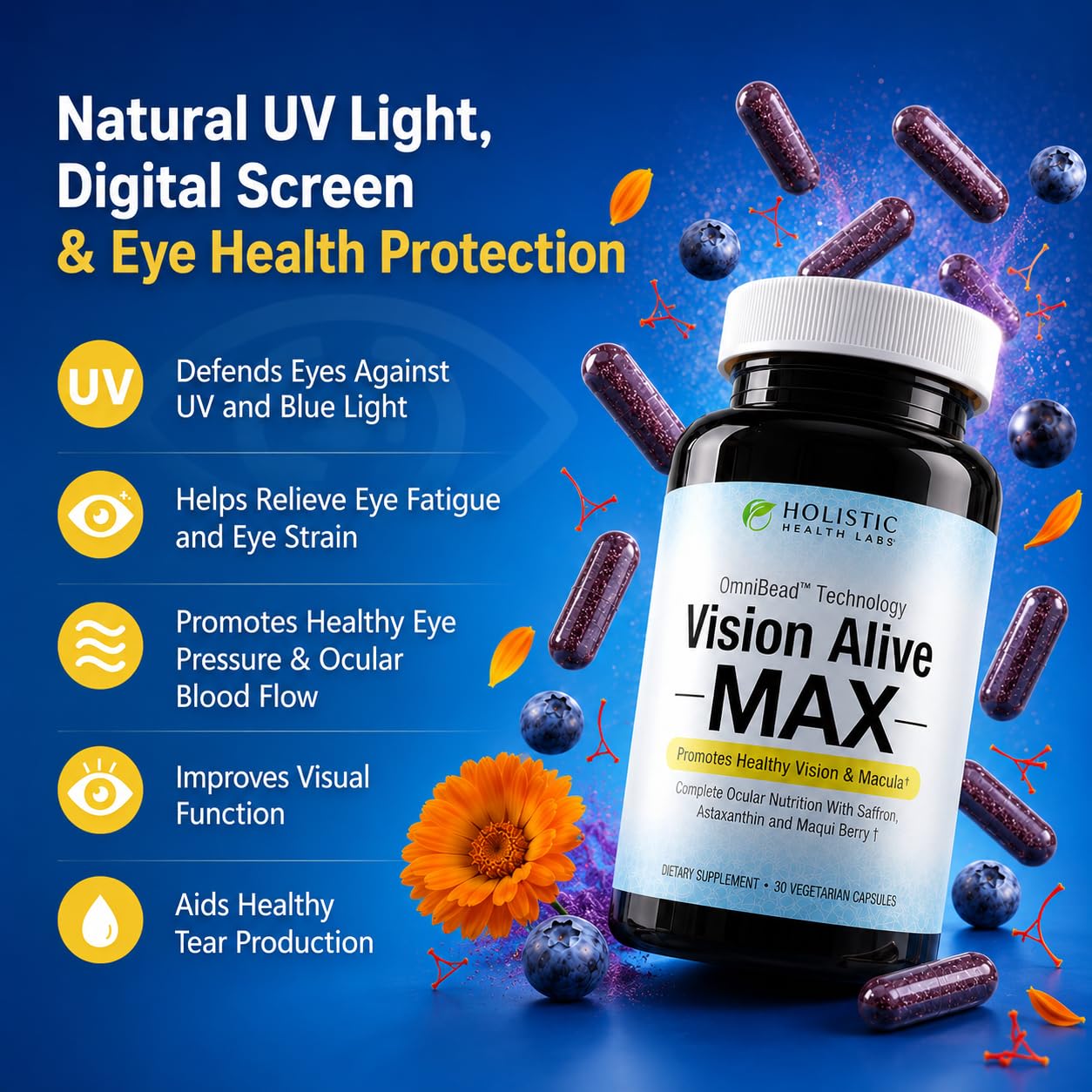 Holistic Health Labs cápsula de Vision Alive Max cerca para ver tamaño y forma