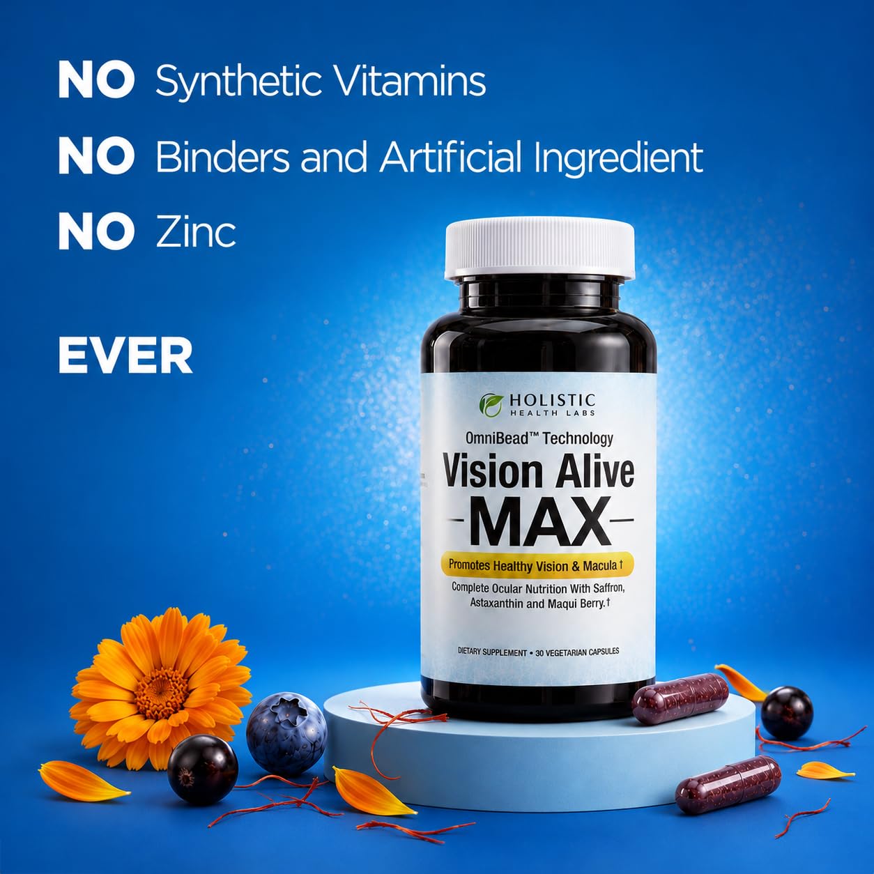Holistic Health Labs etiqueta nutricional de Vision Alive Max con ingredientes estandarizados