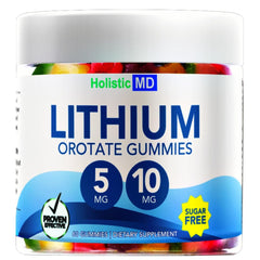 Holistic MD frasco frontal de Lithium Orotate 60 gomitas mostrando envase claro