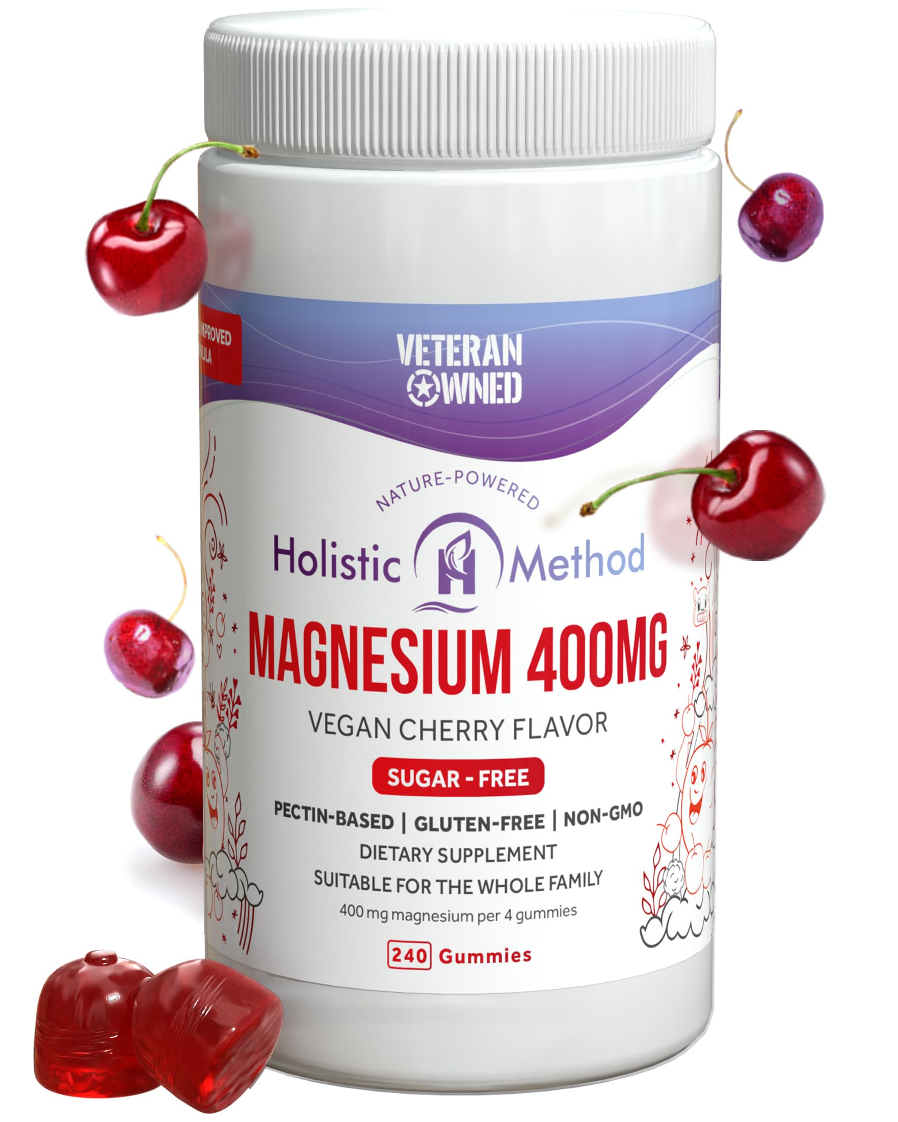 Holistic Method envase frontal mostrando 120 gomitas, cómodo para dosificar