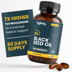 HOLISTQ frasco frontal del producto que muestra concentración 5% timoquinona
