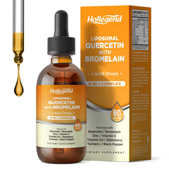 HOLLEGEND frasco frontal del suplemento liposomal con quercetina y bromelina mostrando la etiqueta