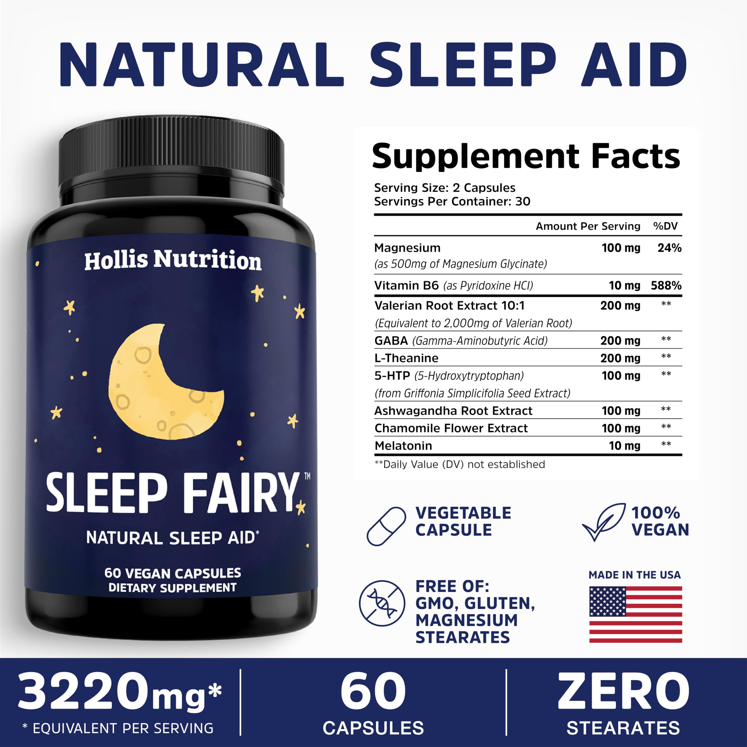 Hollis Sleep Fairy etiqueta con lista de ingredientes para transparencia y confianza