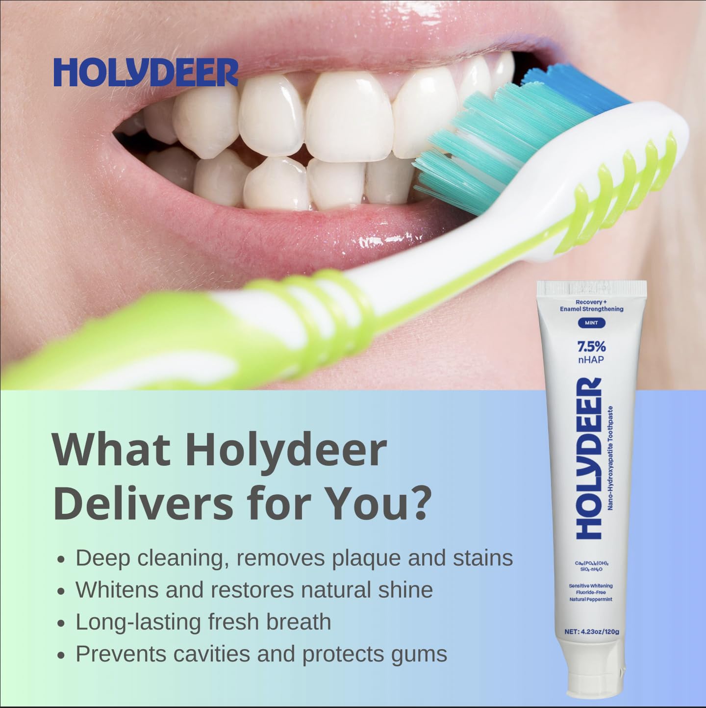 Holydeer persona cepillando dientes para frescura y alivio sensible