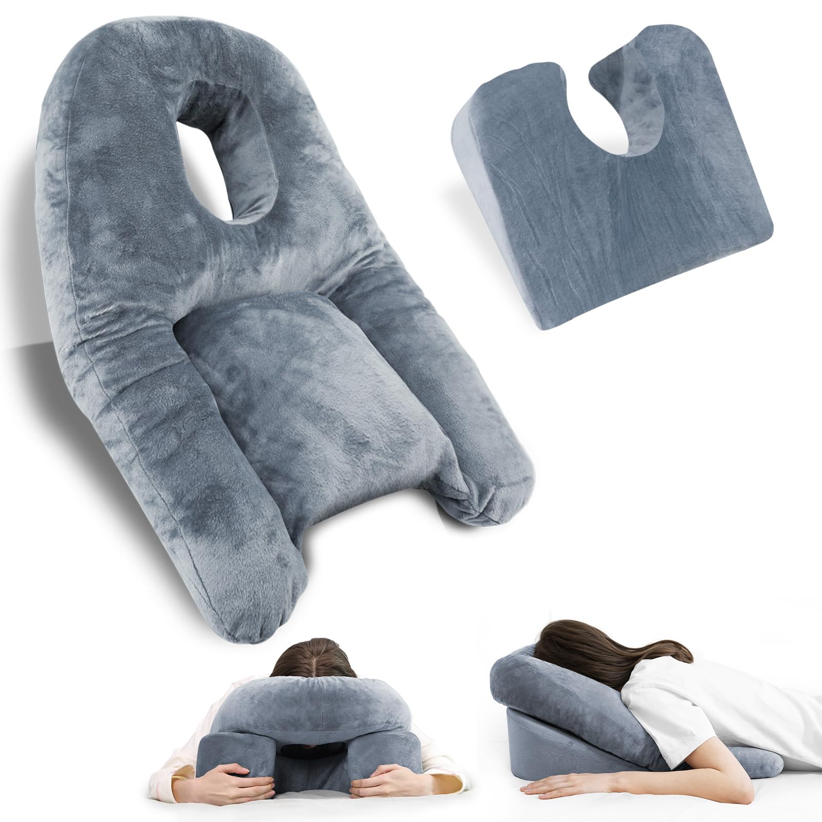 HOMCA almohada frontal en paquete mostrando forma y beneficio de protección
