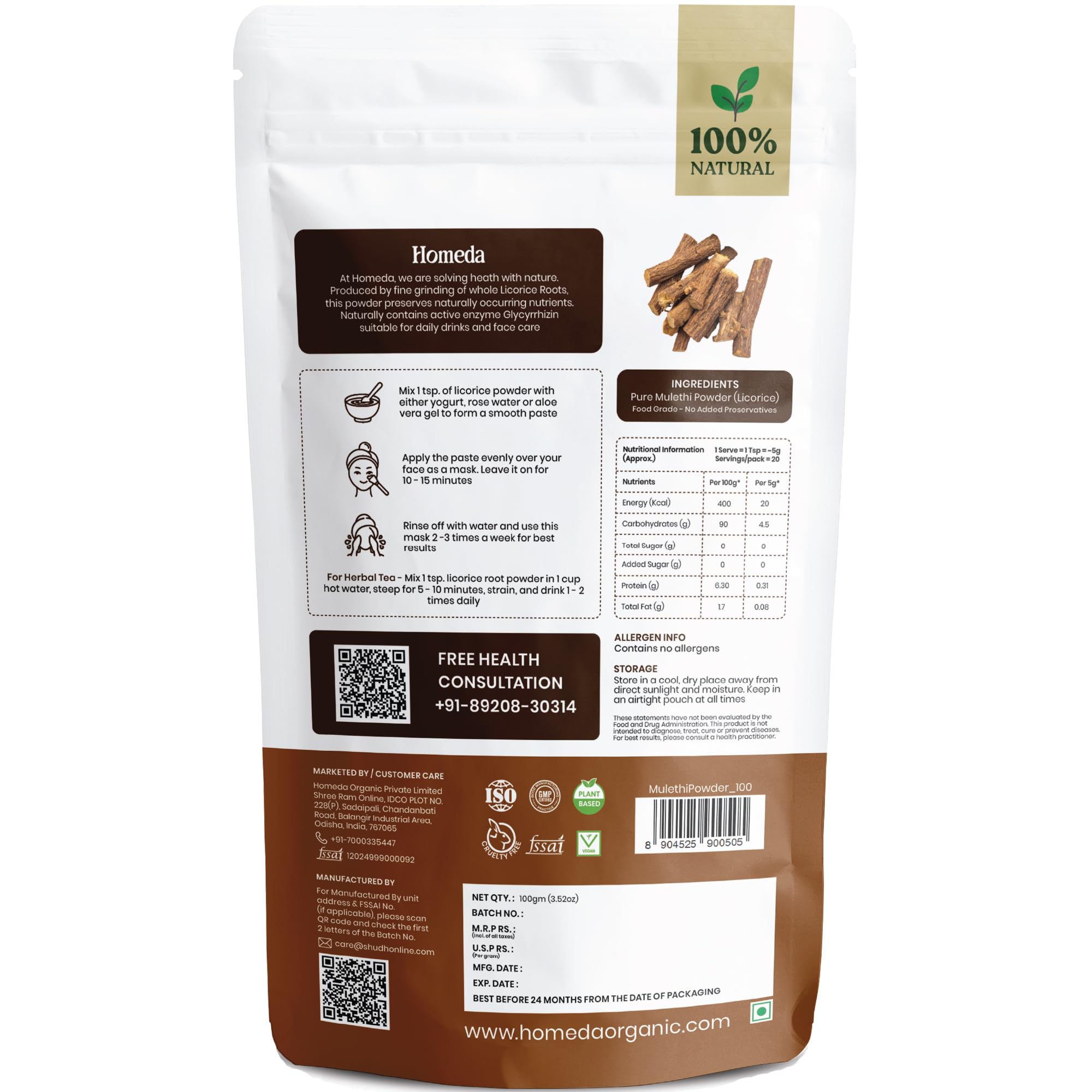 Homeda etiqueta del envase con lista de ingredientes y sello orgánico visible