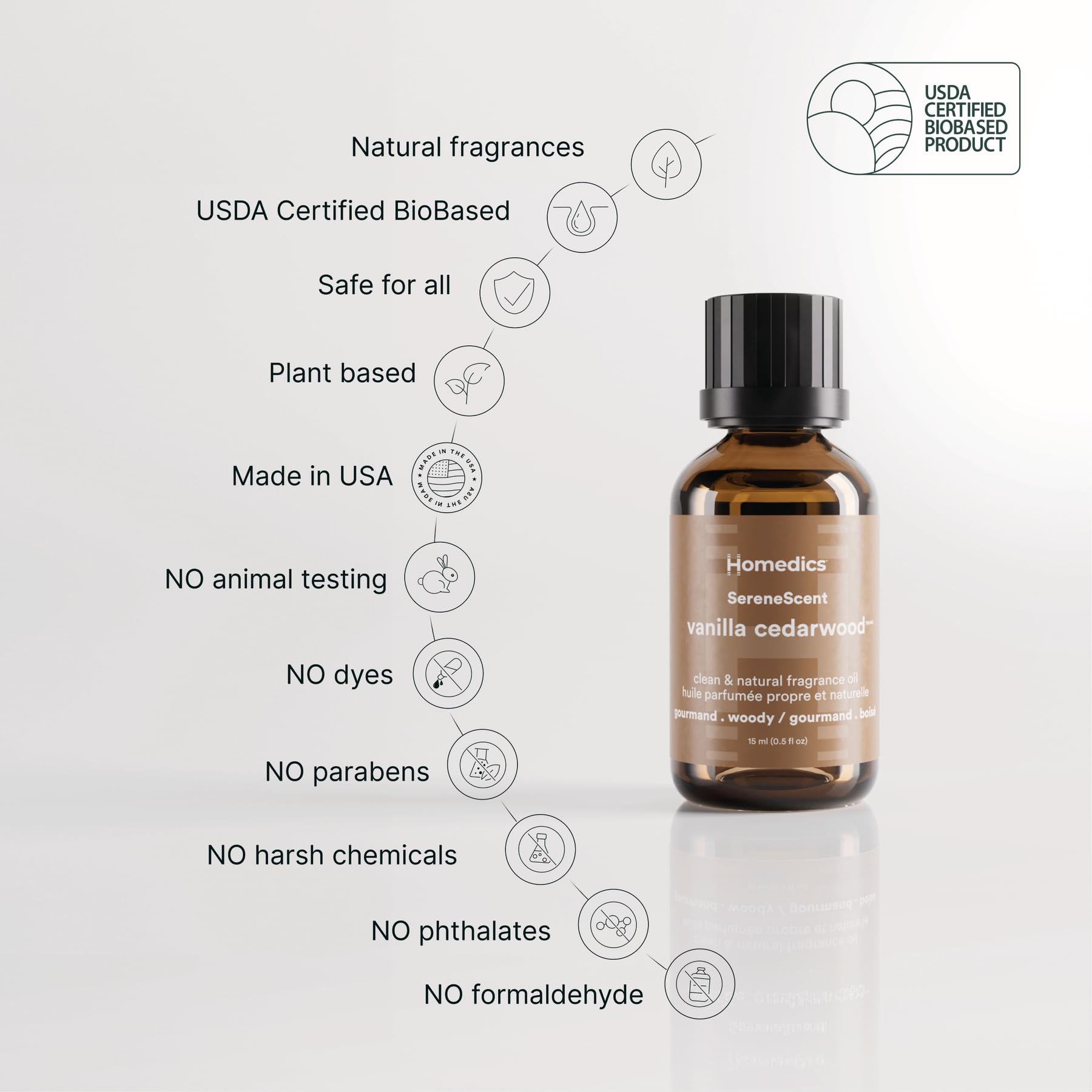Homedics botella 15 ml vainilla cedro lista para aromatizar espacios