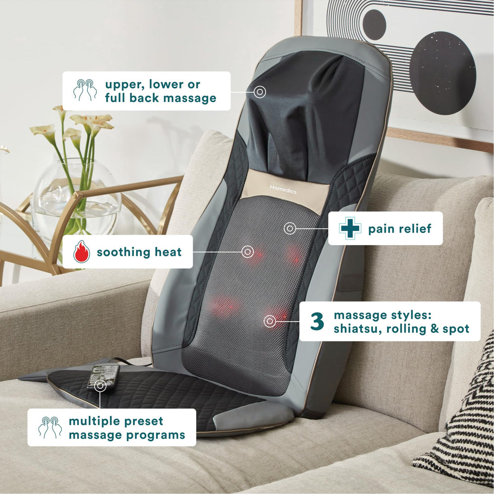 Homedics cojín en sillón demostrando alivio y uso doméstico