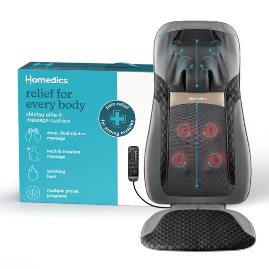 Homedics cojín frontal mostrando masaje shiatsu y comodidad