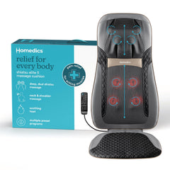 Homedics cojín frontal mostrando masaje shiatsu y comodidad