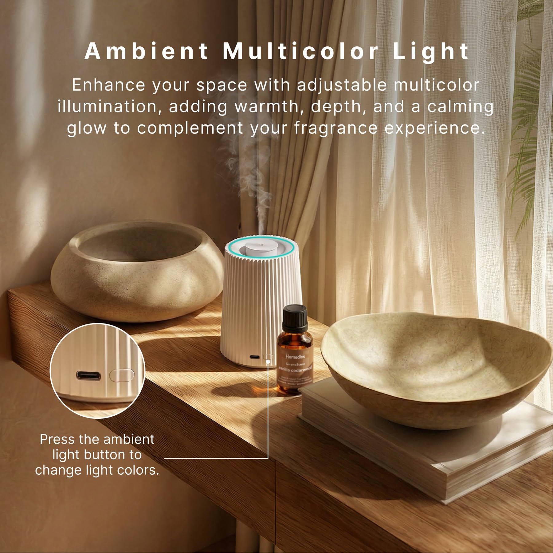 Homedics difusor en uso en salón creando ambiente sin velas