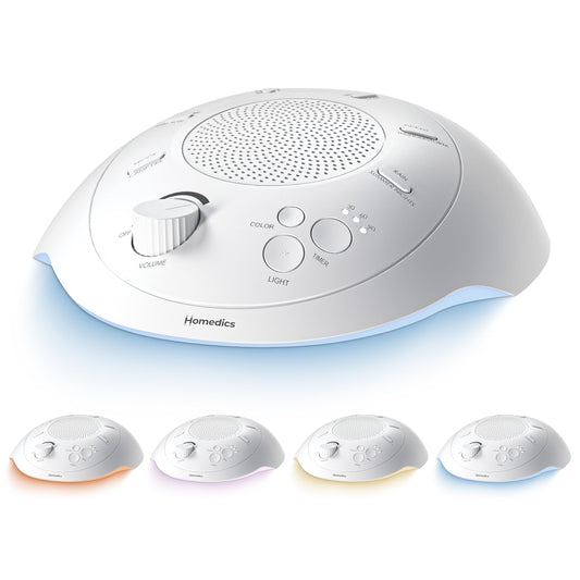 Homedics vista frontal del dispositivo mostrando botones y diseño portátil, mejora el sueño