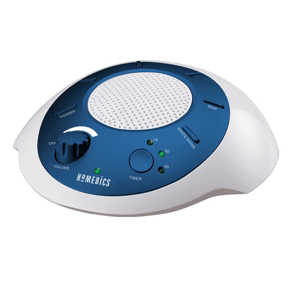 Homedics máquina frontal azul mostrando controles y ventaja de portabilidad