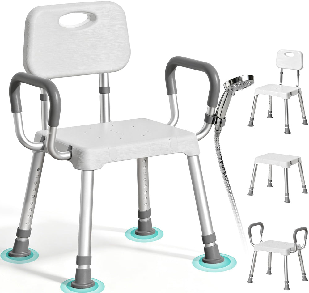 HOMENURSE vista frontal de la silla de ducha mostrando asiento ancho y estabilidad