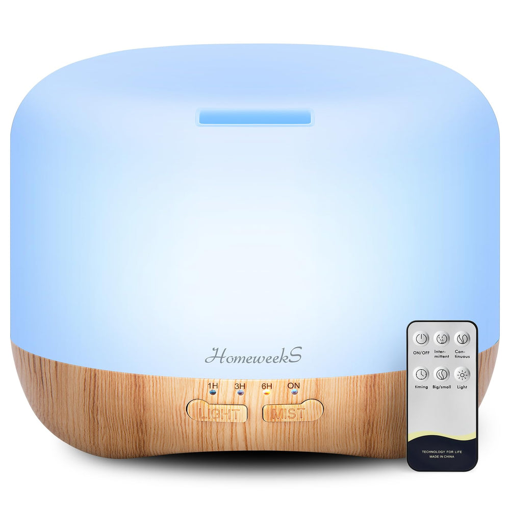 Homeweeks difusor frontal mostrando diseño compacto y elegante, ambiente relajante