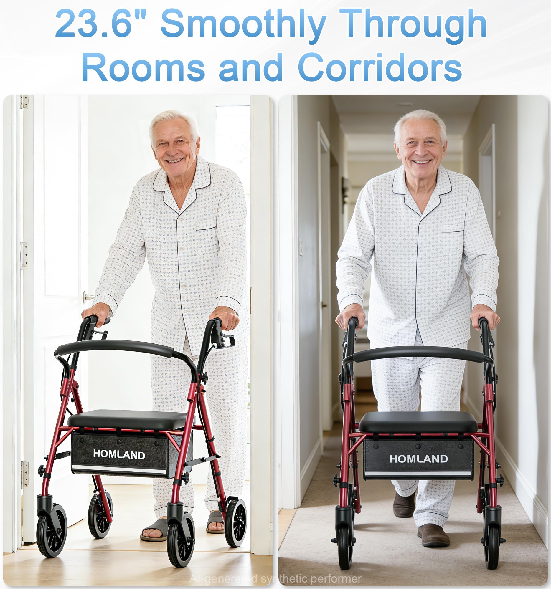 HOMLAND rollator junto a persona para comparación de tamaño y apoyo estable
