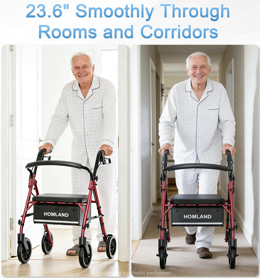 HOMLAND rollator junto a persona para comparación de tamaño y apoyo estable
