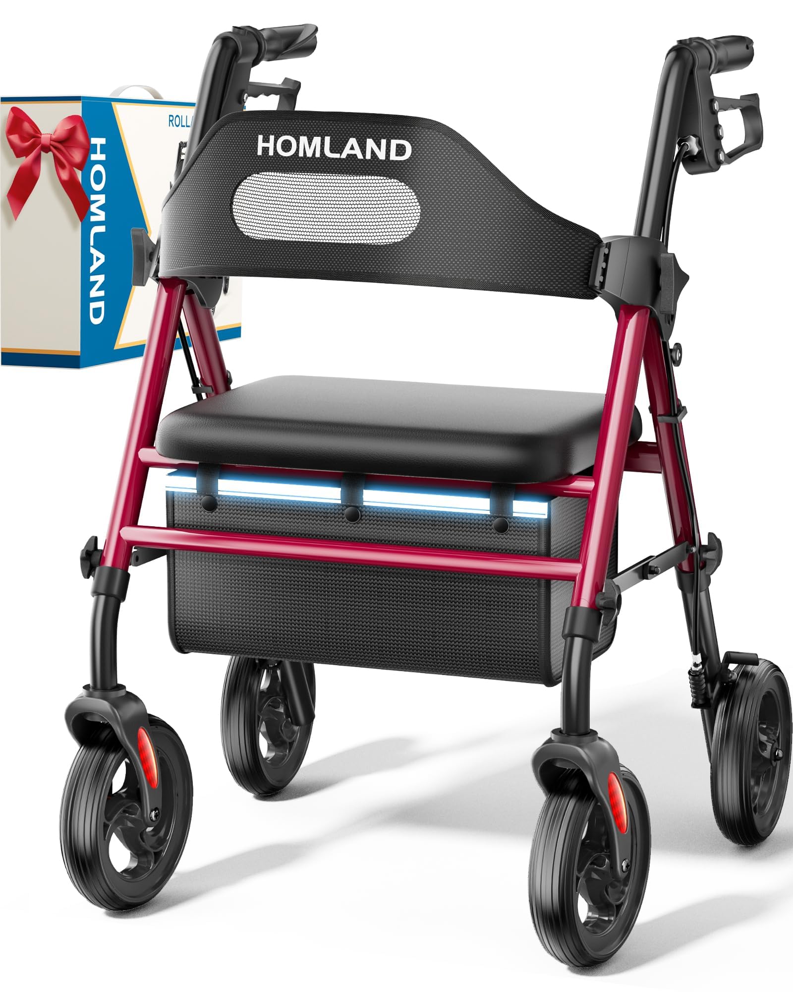 HOMLAND rollator vista frontal con asiento grande y soporte estable