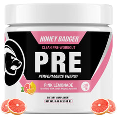 Honey Badger envase frontal mostrando marca y sabor pink lemonade, energía limpia
