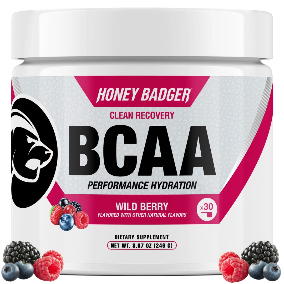 Honey Badger envase frontal Wild Berry mostrando marca y beneficio recuperación