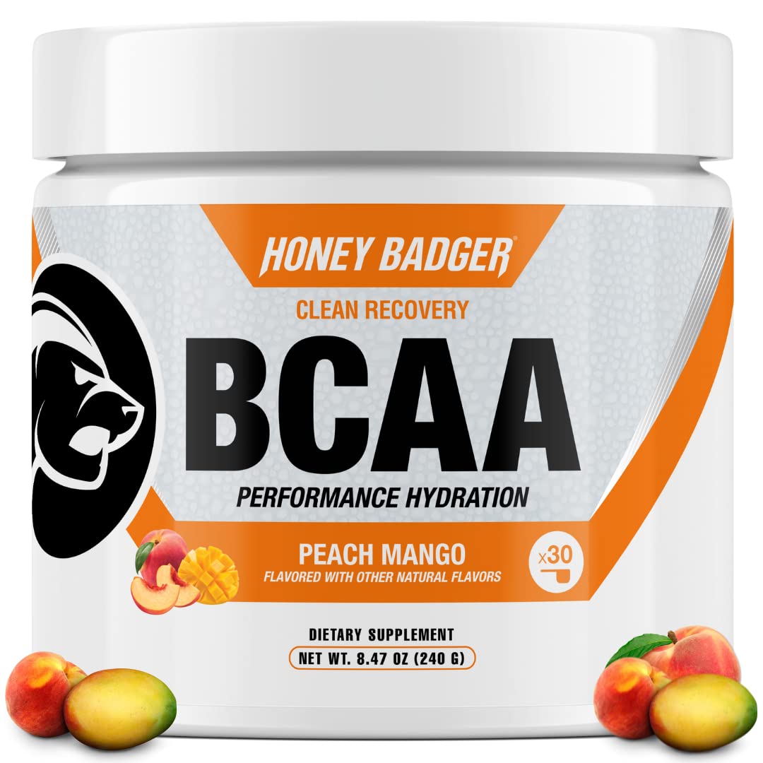 Honey Badger frente del envase mostrando diseño y sabor Peach Mango, conveniente para recuperación