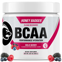 Honey Badger envase frontal Wild Berry mostrando marca y beneficio recuperación