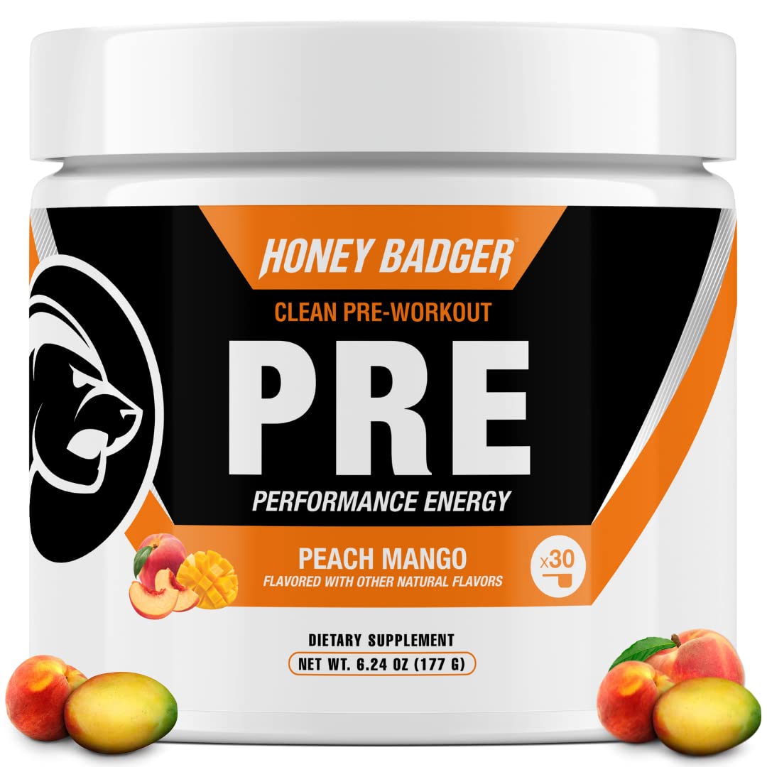 Honey Badger frasco frontal sabor peach mango mostrando la marca y beneficios