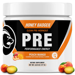 Honey Badger frasco frontal sabor peach mango mostrando la marca y beneficios