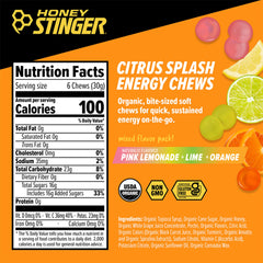 Honey Stinger primer plano de una chew y beneficio de masticado rápido