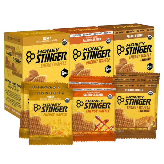 Honey Stinger empaque frontal variedad mostrando los tres sabores y conveniencia