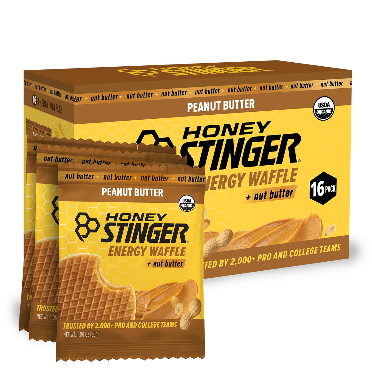 Honey Stinger empaque frontal mostrando el paquete y beneficios energéticos