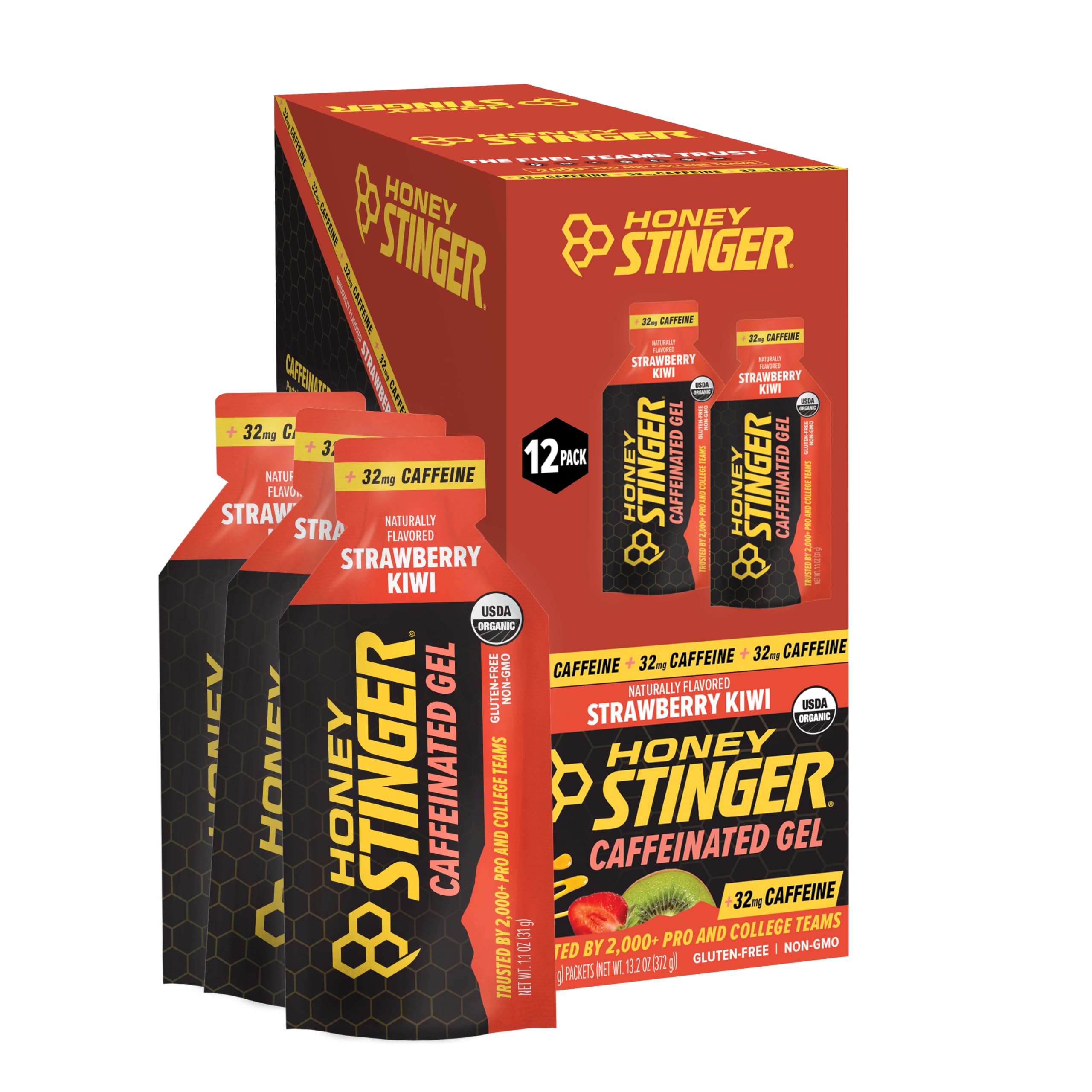 Honey Stinger empaque frontal mostrando sabor fresa kiwi y beneficio energético