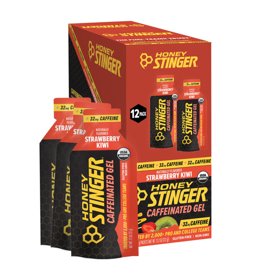Honey Stinger empaque frontal mostrando sabor fresa kiwi y beneficio energético