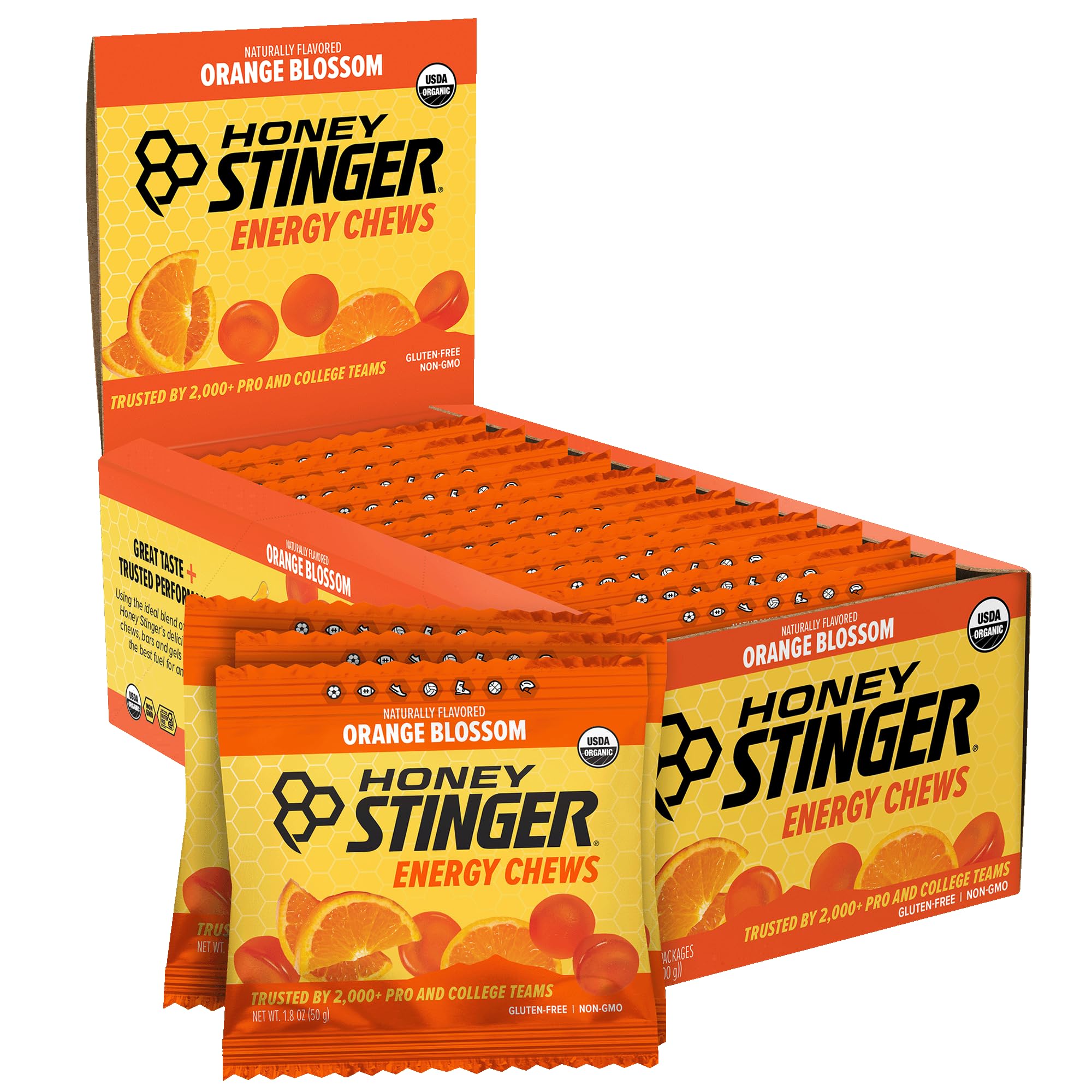 Honey Stinger vista frontal del empaque mostrando sabor naranja y beneficios