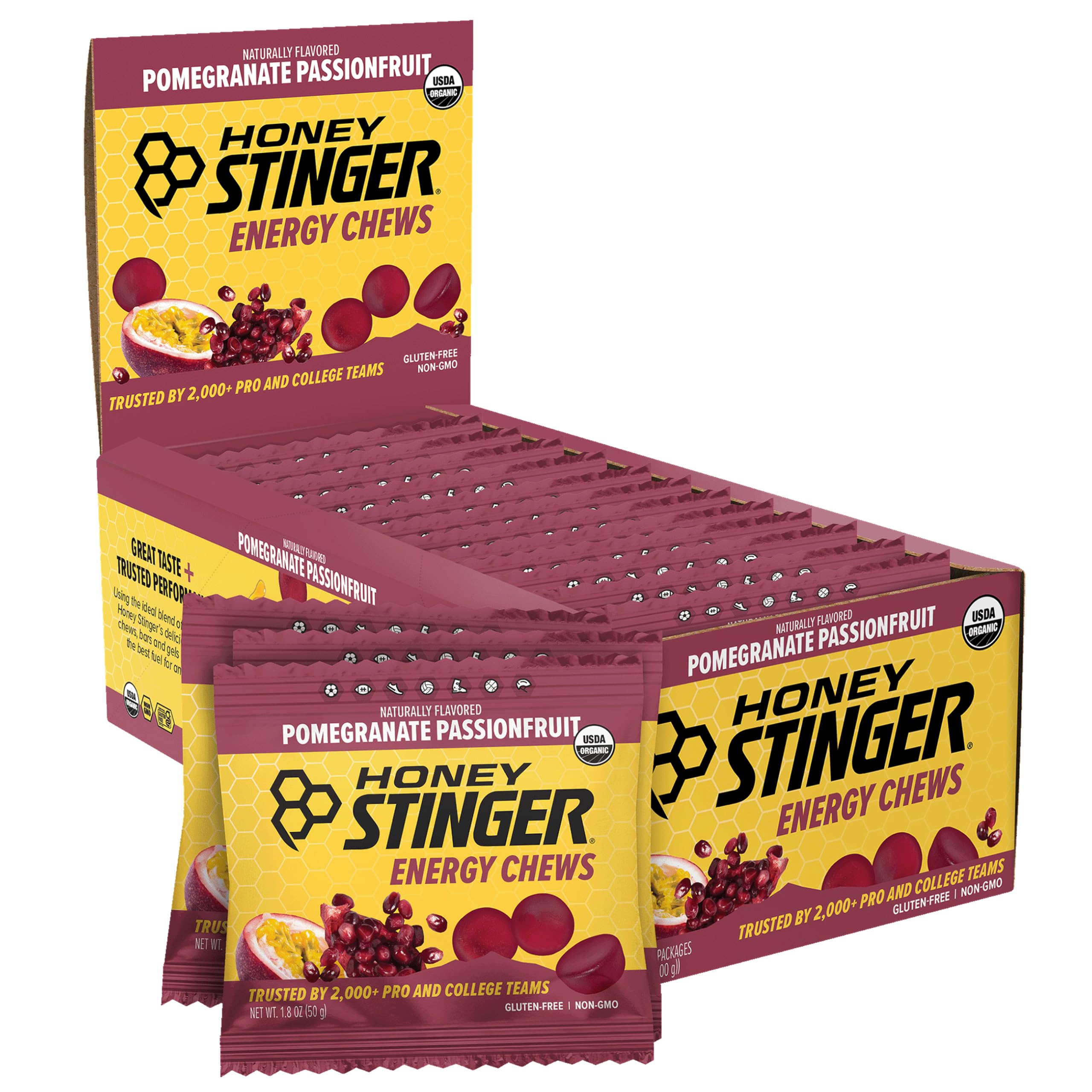Honey Stinger frontal de la caja pomegranate passionfruit mostrando diseño y cantidad