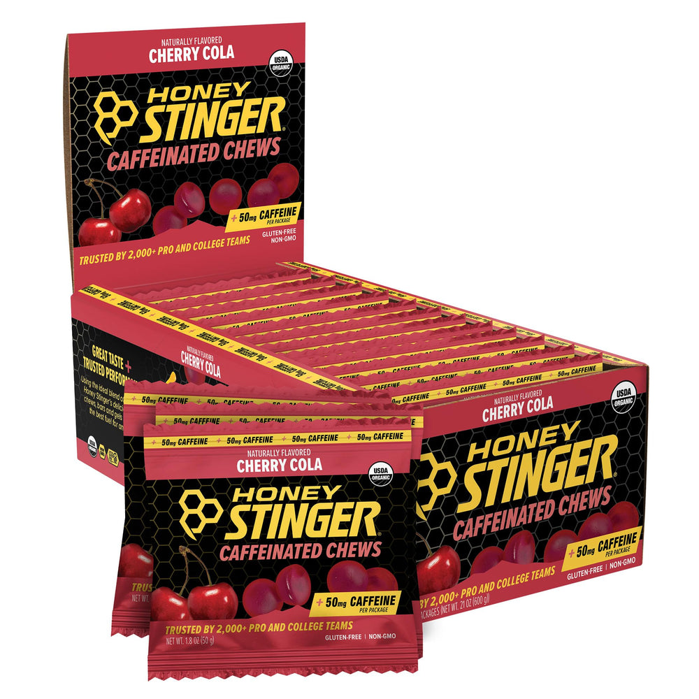 Honey Stinger empaque frontal mostrando sabor cherry cola y beneficios rápidos