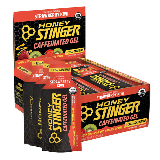 Honey Stinger empaque frontal mostrando 24 geles y beneficios energéticos