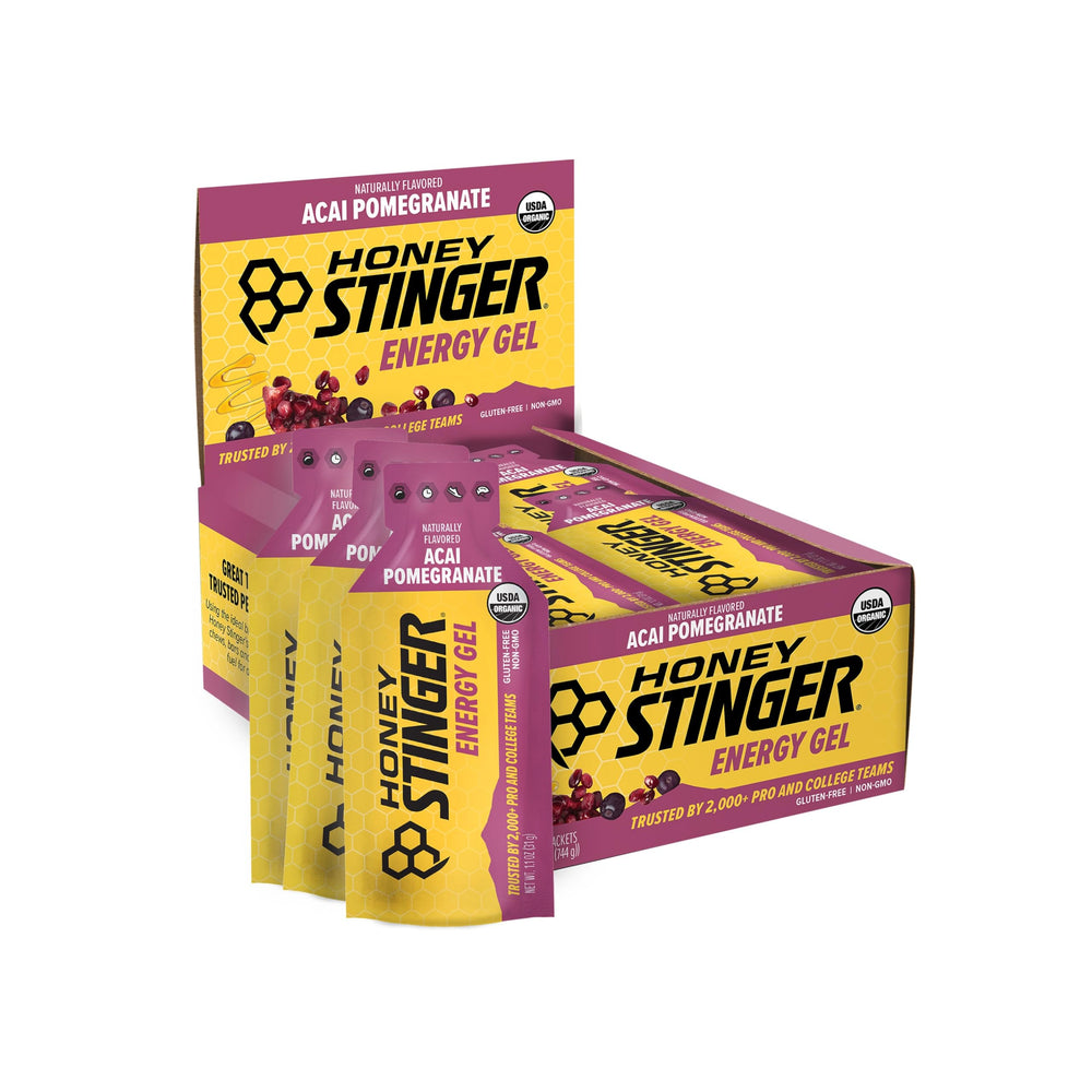 Honey Stinger frontal del empaque mostrando sabor Açaí Pomegranate y conveniencia