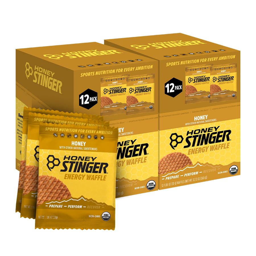Honey Stinger frontal del paquete mostrando caja de 24 unidades y conveniencia