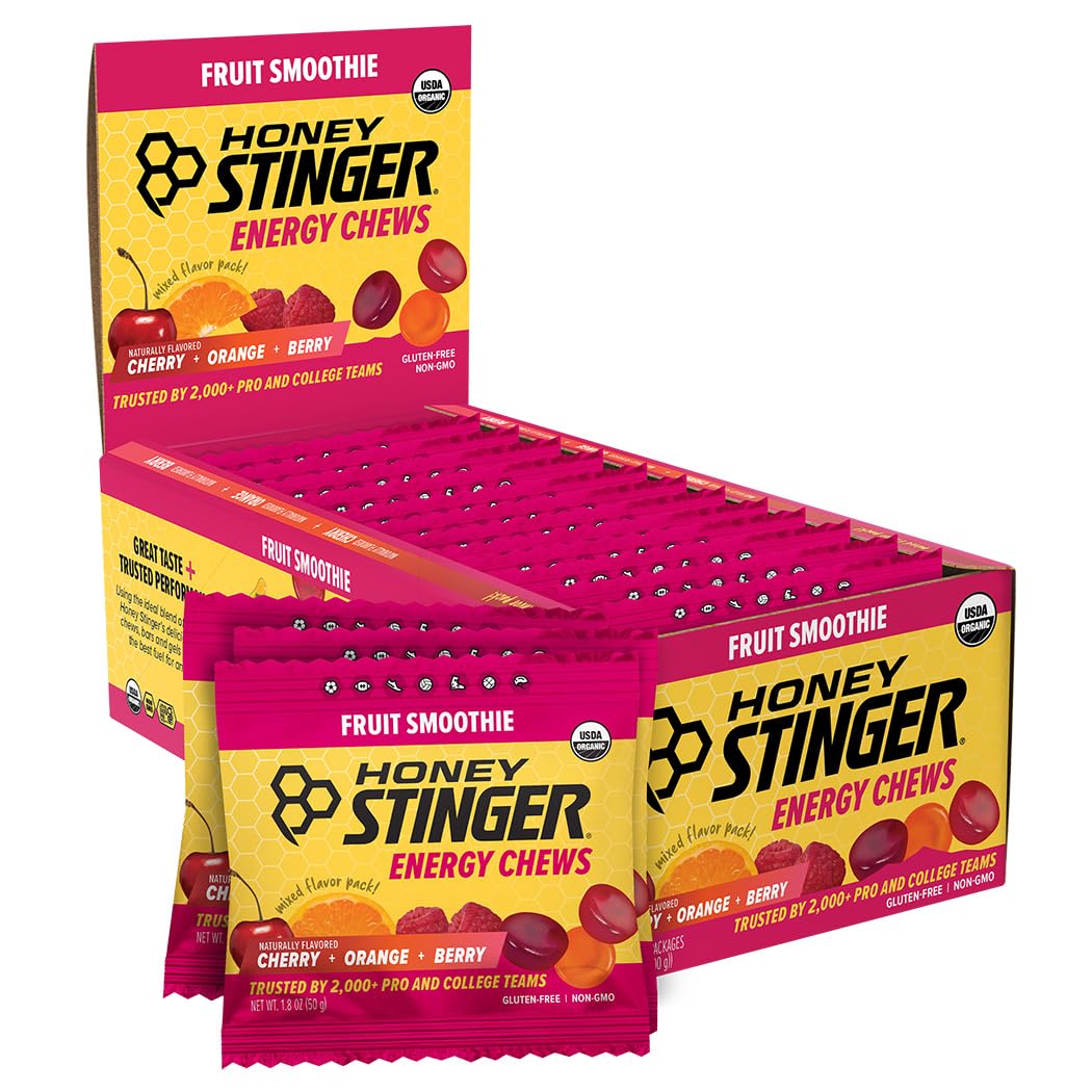Honey Stinger frente del paquete mostrando sabores y beneficios energéticos