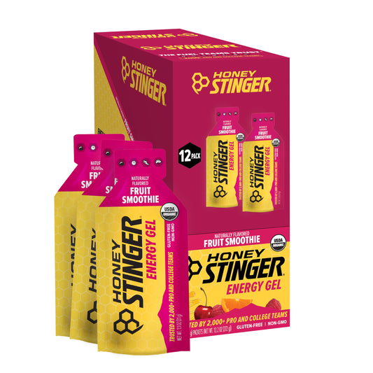 Honey Stinger envase frontal mostrando caja de 12 unidades y beneficio práctico