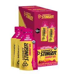 Honey Stinger envase frontal mostrando caja de 12 unidades y beneficio práctico