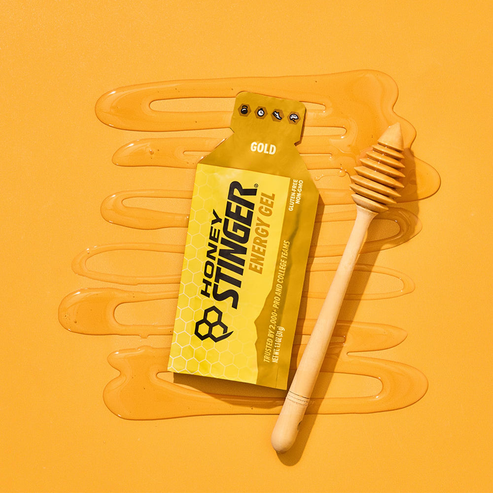 Honey Stinger gel etiqueta nutricional visible muestra ingredientes clave