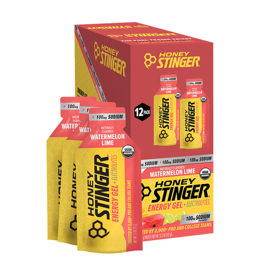 Honey Stinger envase frontal mostrando sabor sandía lima y beneficios energéticos