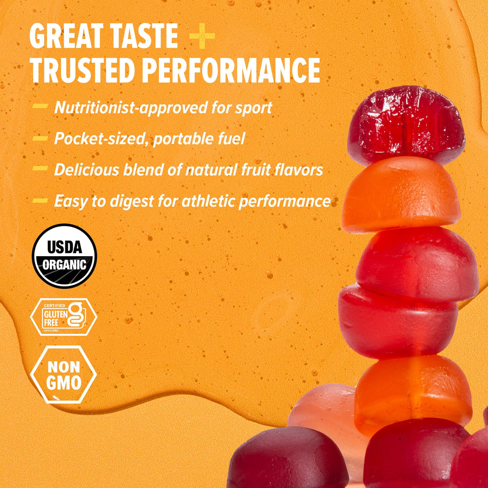 Honey Stinger gomitas en mano listas para consumo durante ejercicio
