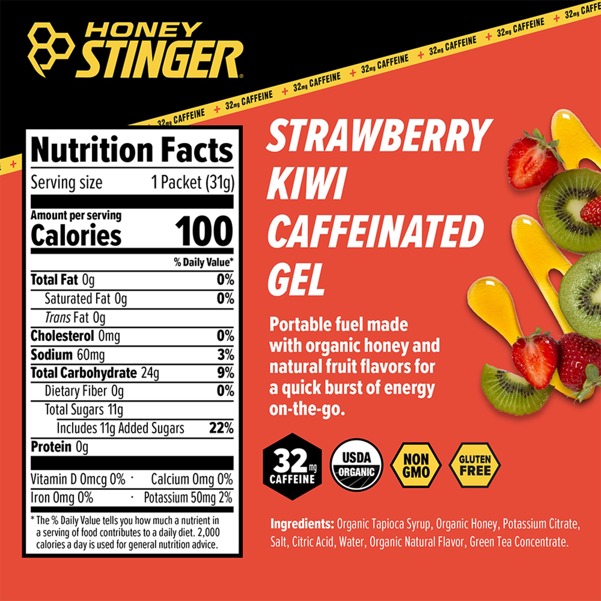 Honey Stinger mano sosteniendo gel listo para consumir durante carrera