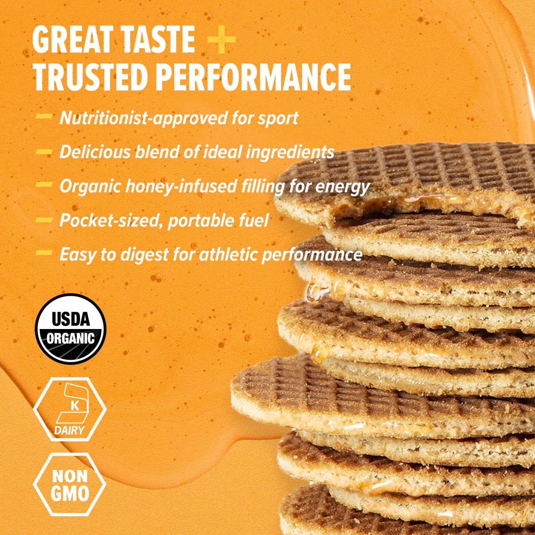 Honey Stinger primer plano de textura del waffle y relleno de miel visible