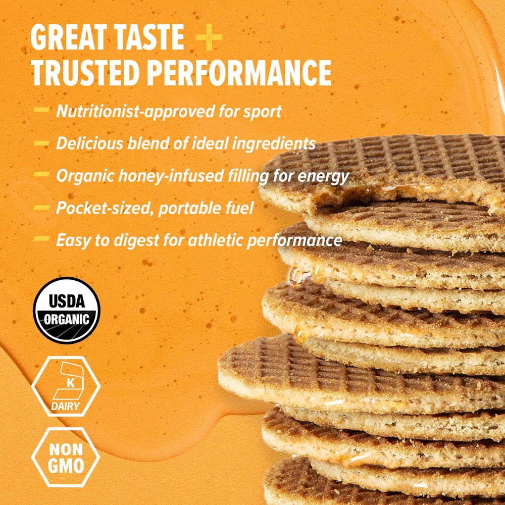 Honey Stinger primer plano de textura del waffle y relleno de miel visible