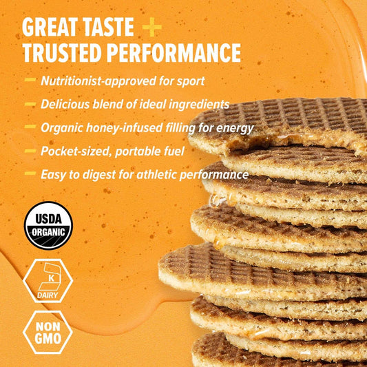 Honey Stinger primer plano de textura del waffle y relleno de miel visible