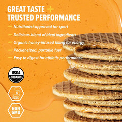 Honey Stinger primer plano de textura del waffle y relleno de miel visible